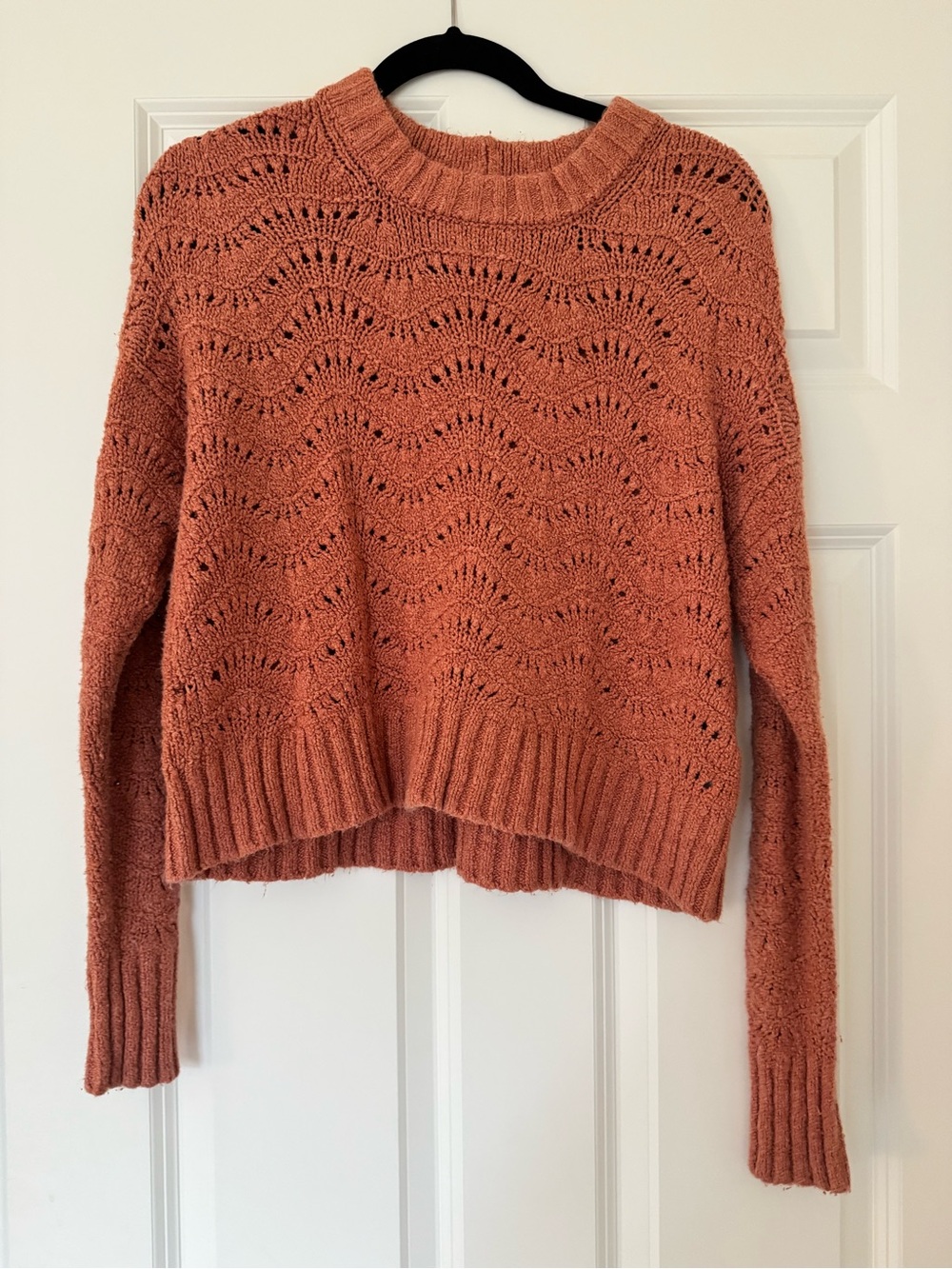 American Eagle Outfitters Open-Knit Crewneck Sweater in Rust Orange